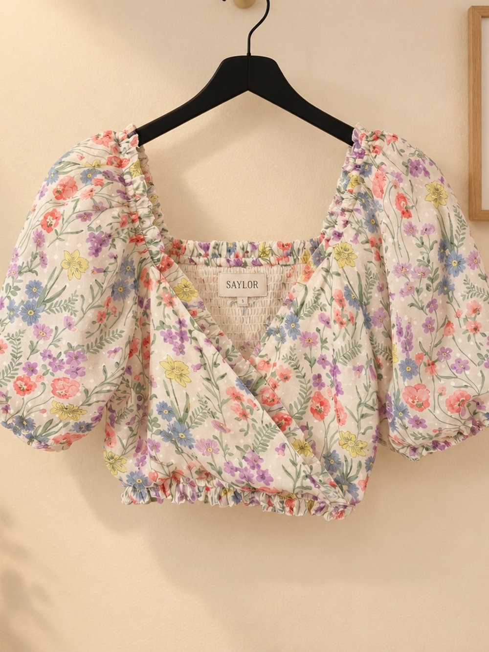 SAYLOR Cream Floral Puff-Sleeve Wrap Crop Top